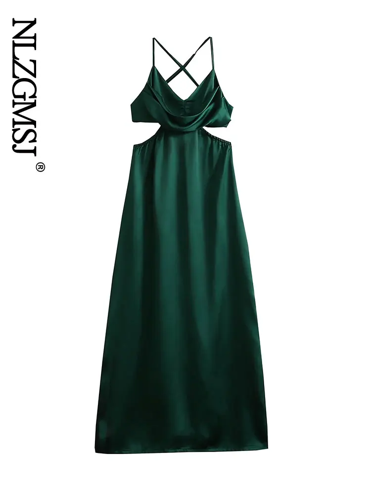 

Nlzgmsj 2022 Women Green Satin Halter Dress Sleeveless Backless Fashion Lady Party Dresses Robe 202205