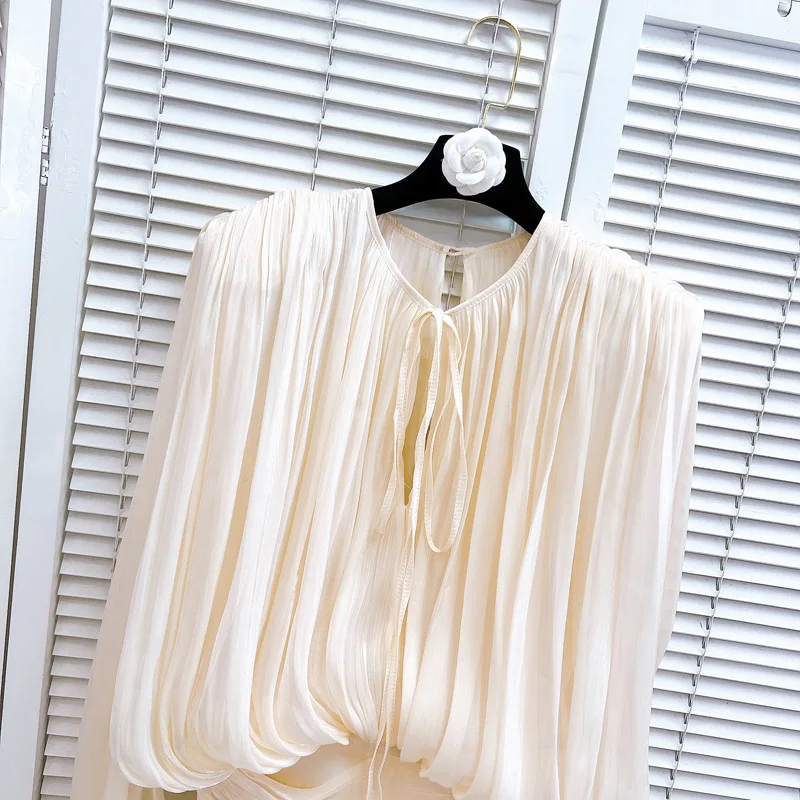 [ZOCI] Осеннее однотонное плиссированное свободное платье с высокой талией и