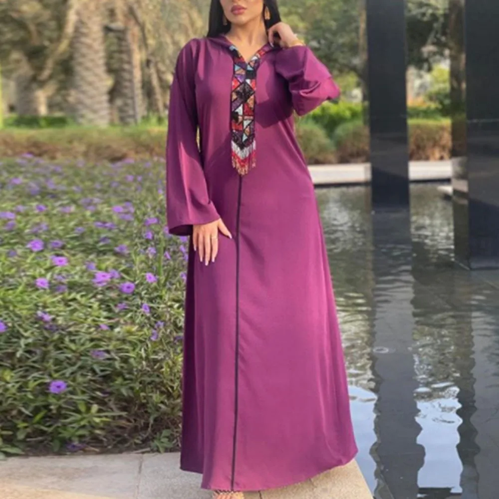 

Tassel Long Dresses Women Hooded Fashion Diamond Solid Color Long Sleeves Muslim Ethnic Vintage Female Maxi Dress Purple