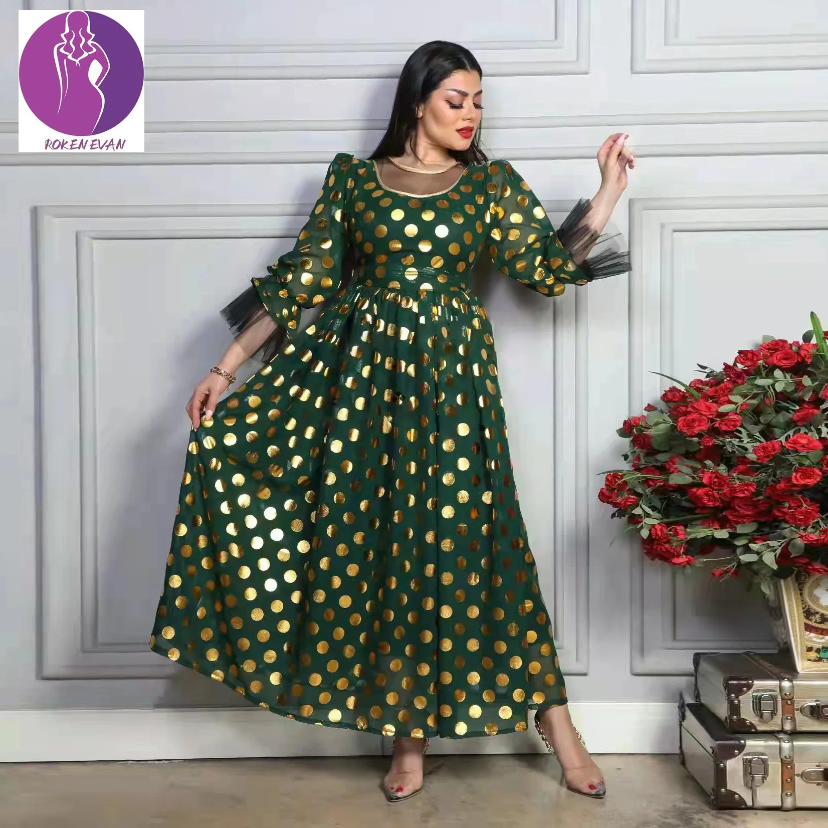 2022  Abayas For Women Dubai Indian Dress Bronzed Fashion Chiffon Green Long Lght Luxury Muslim Moroccan Kaftan Dress