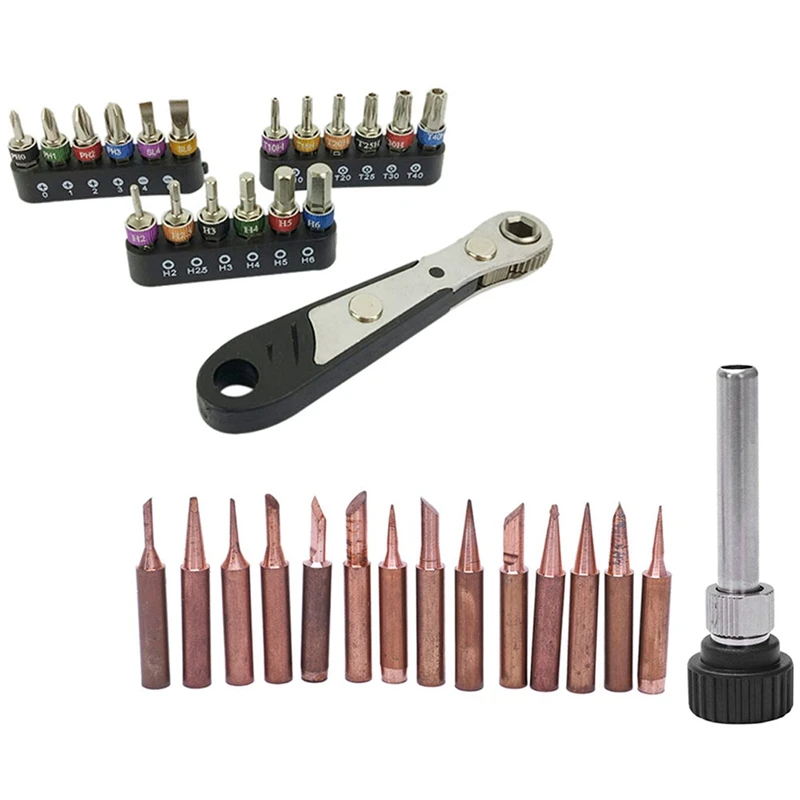 

15PCS Pure Copper Solder Iron Tip 900M Tip & 19Pc 1/4 Ratchet Wrench Screwdriver Set Small Fly Screwdriver Combination
