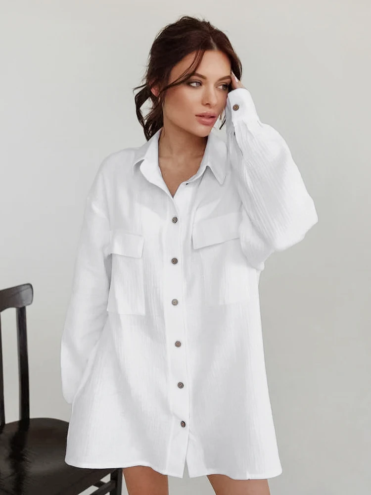 Свободная белая Хлопковая пижама Hiloc с карманами длинным рукавом женские платья