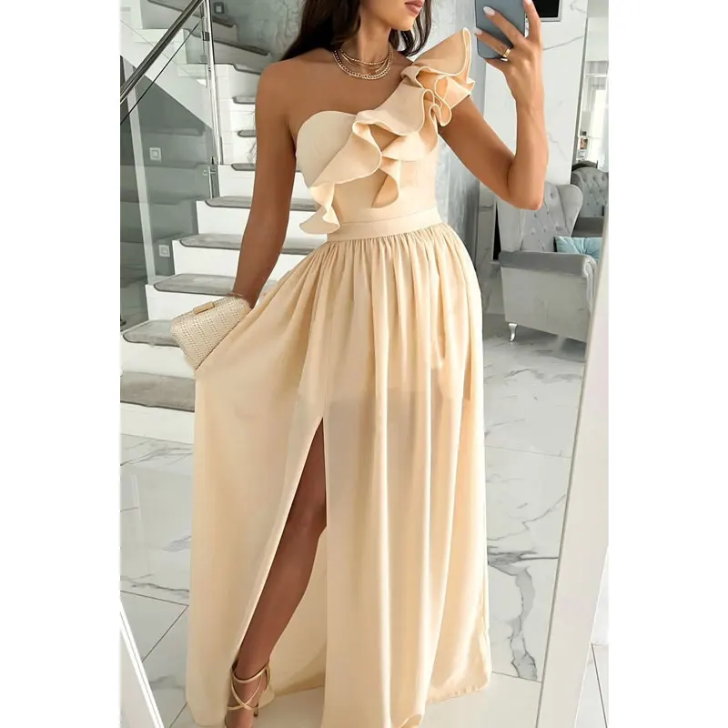 

Women One Shoulder Sleeveless Ruffles Summer Casual Split Long Maxi Dresses