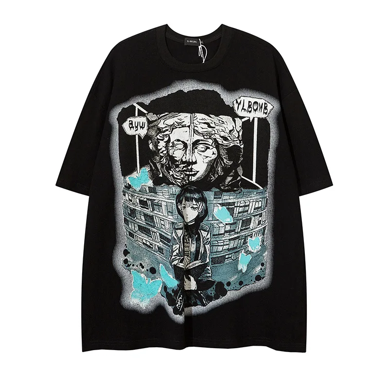 

High Street Oversized Short Sleeves Casual T-shirt Streetwear Harakuju Loose Casual Top Tees For Male Printed
