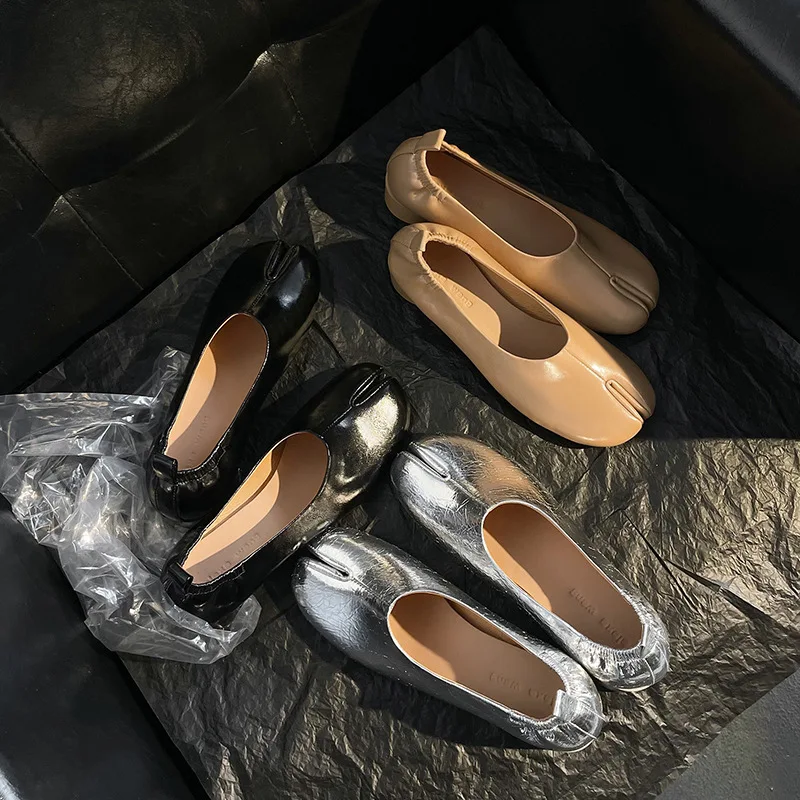 Vintage Split Toe High Heels Temperamental Soft Leather Chunky Pumps Horseshoe Loafers Elasticated Slip-On Women Shoes