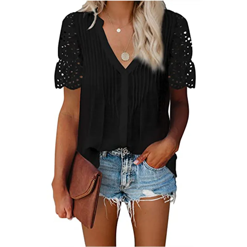 

Button Design Women Lace Up Summer V Collar Draped Patchwork 2022 Custom Sttyle Shirt Black Leisure Wear Of Ladies