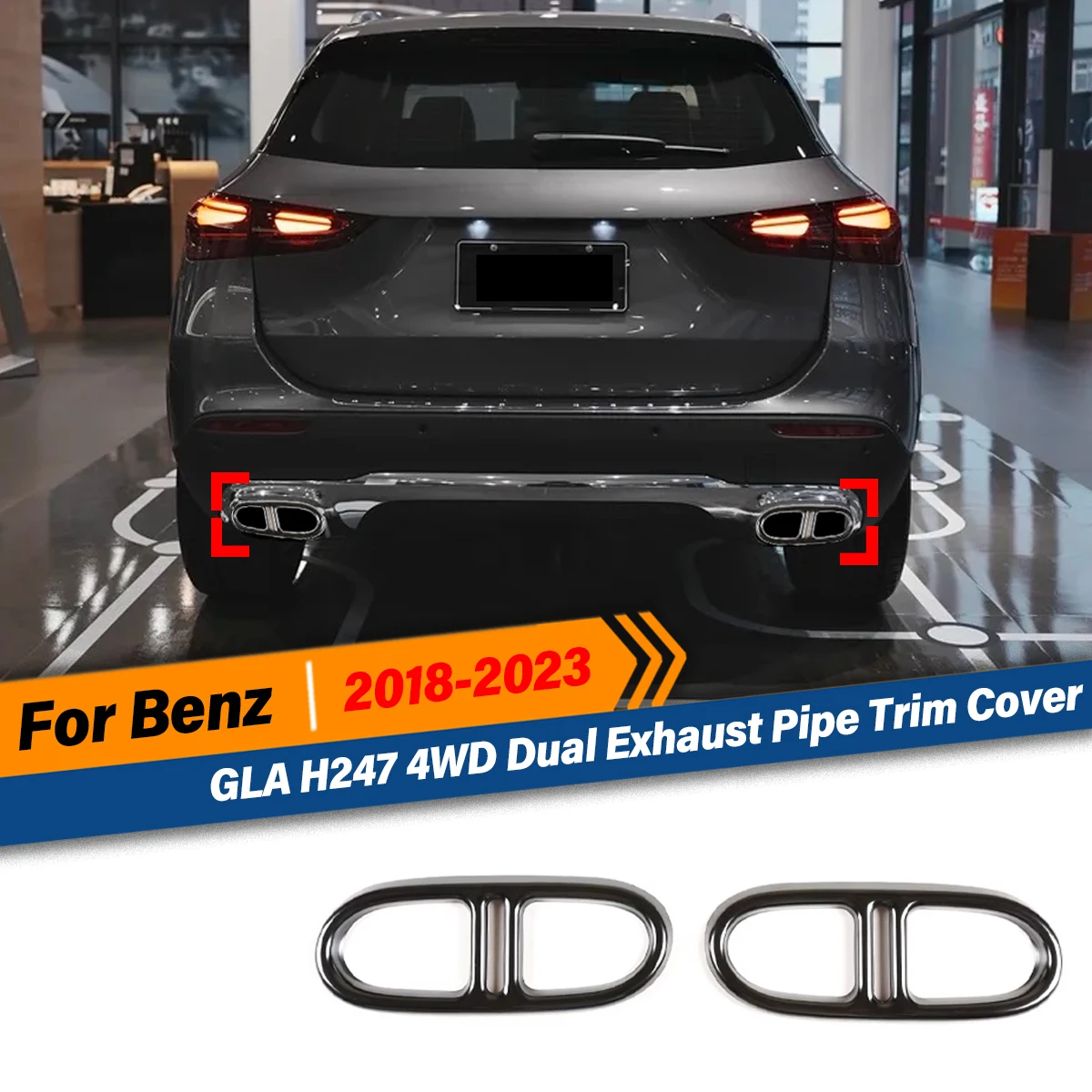 Фото Для Mercedes-Benz GLA H247 4WD 2020 2021, задний бампер из нержавеющей стали, двойная накладка на выхлопную трубу, крышка выхлопной трубы, автомобильные аксессуары №1