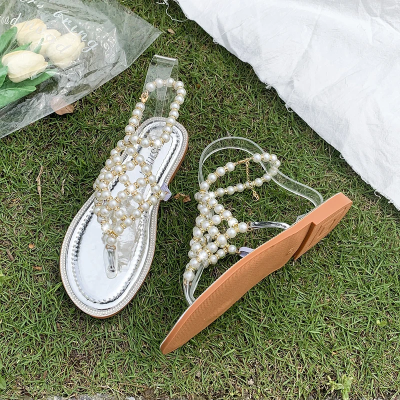 Сандалии женские с мягкой подошвой универсальные туфли жемчугом плоская подошва