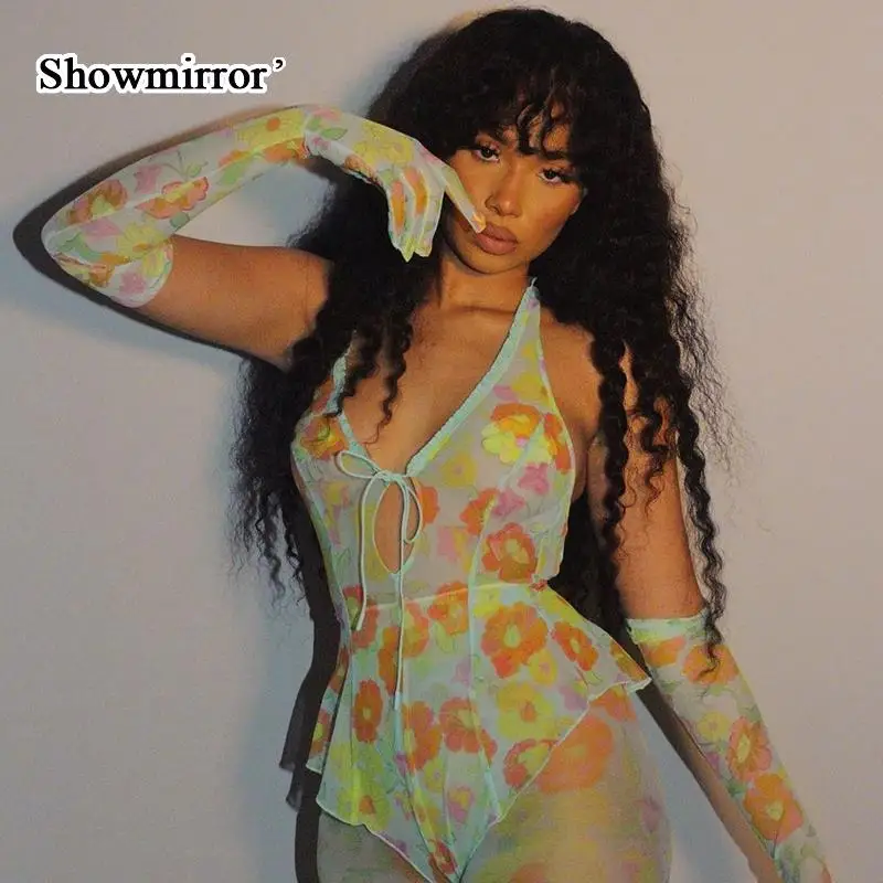 Showmirror милый сетчатый цветочный принт с открытой спиной женский облегающий