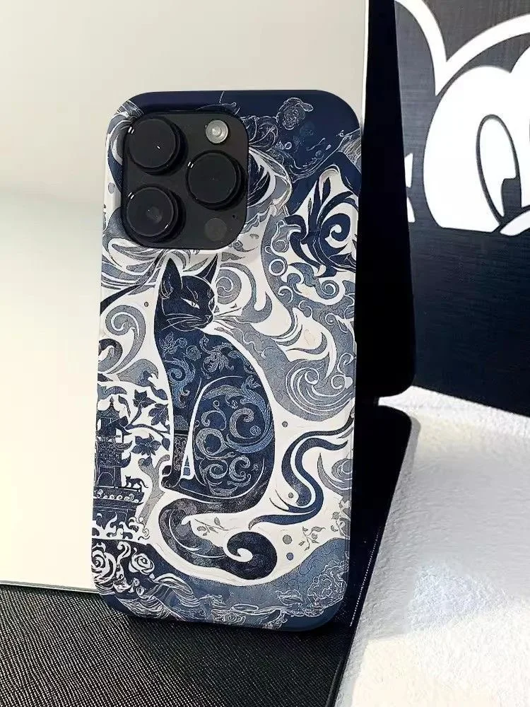 kreatywny INS Cat Totem Ink Tattoo Auspicious Artistic Fashion Etui na telefon iPhone 15 14 11 12 13 Pro Max Plus Back Cover