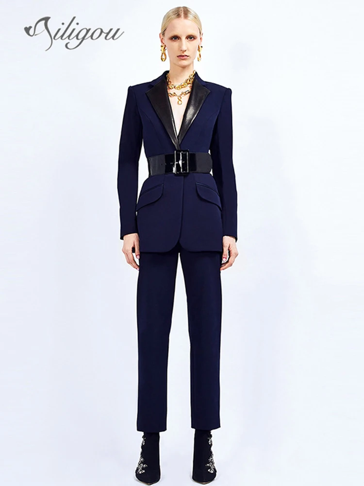 

Ailigou 2023 New Office Women's Pants Set Solid Business Classic One Button Belt Sexy Tight Set Two Piece Formal Set