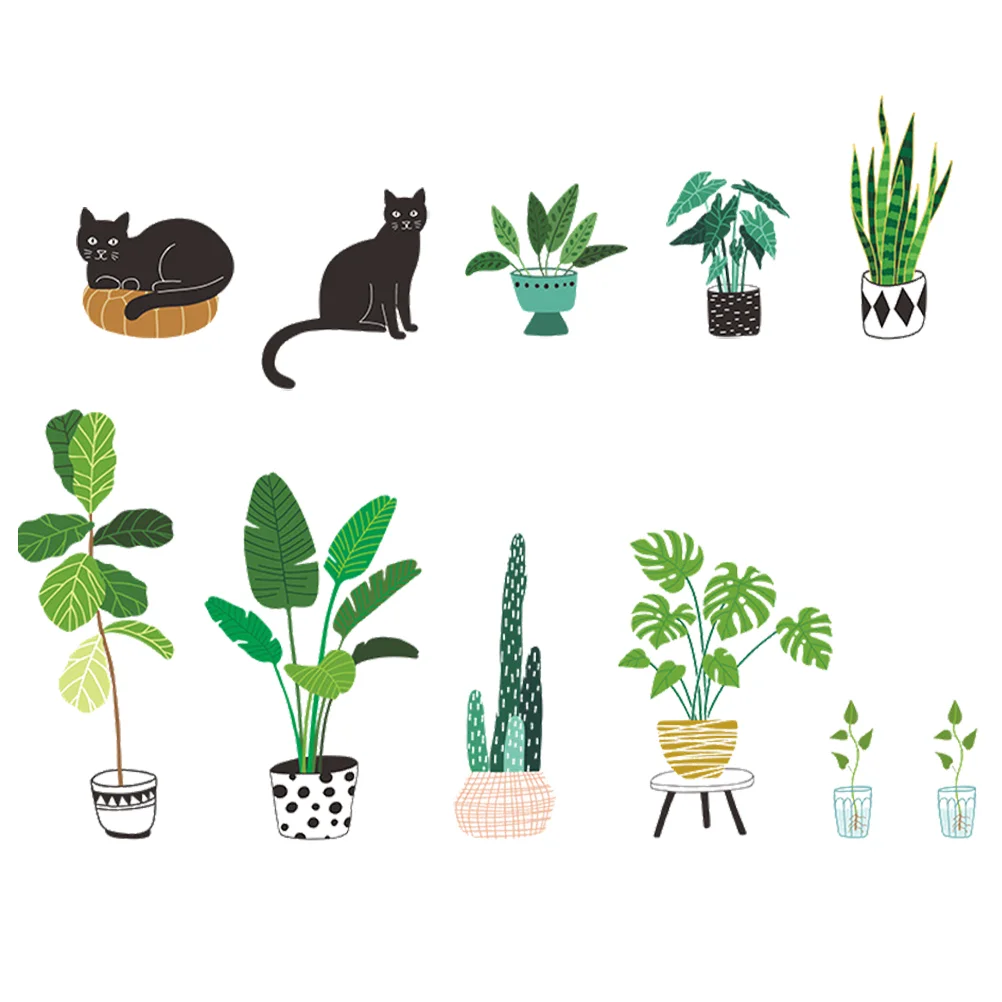 

2Pcs Plant Pattern Design Wall Decor Stickers Green Plant Cat Background Wall Decor
