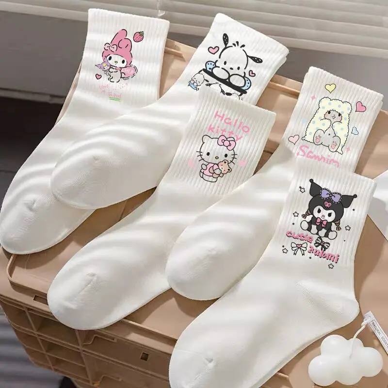 

Носки Sanrio в наличии, 6 пар, Hellokitty Mymelody Kuromi Pachacco, белые женские чулки, модные женские чулки