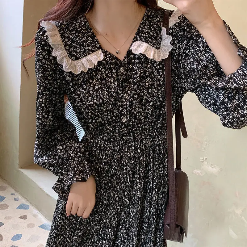 

Женское винтажное платье с длинным рукавом и цветочным принтом