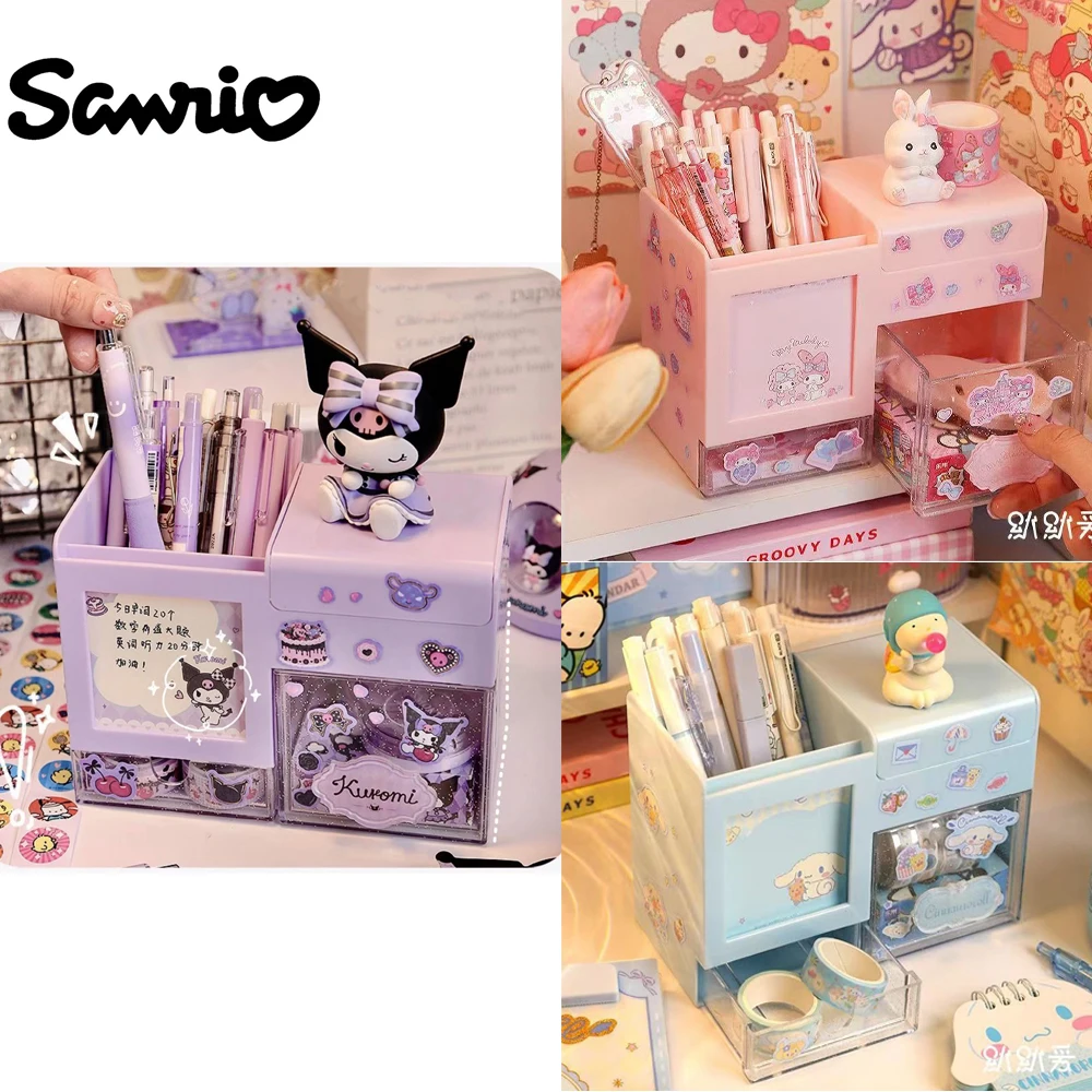 

Sanrios аниме Kawaii Kuromi My Melody Cinnamoroll ящик для хранения пылезащитный настольный с ящиками канцелярские принадлежности косметический держатель для ручек подарок