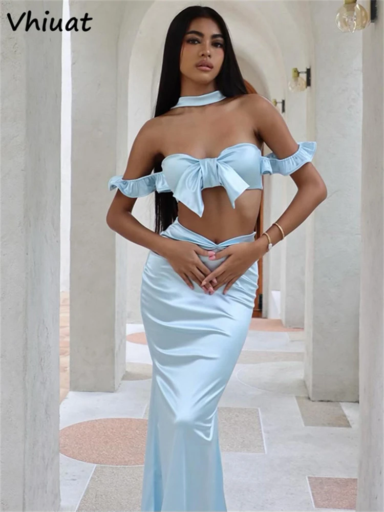 Женский атласный комплект из 2 предметов Vhiuat элегантный укороченный топ и юбка с