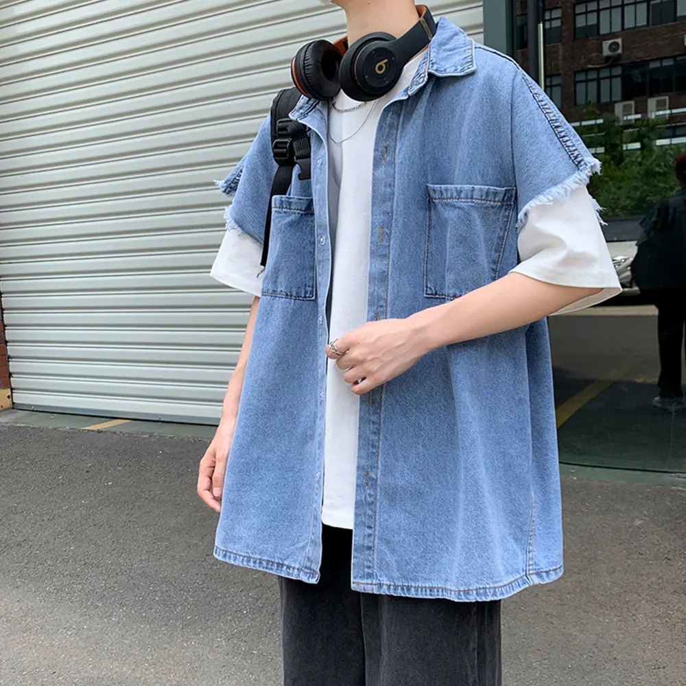 

American Vintage Street Style Sleeveless Denim Shirt Men's Summer Fur-Trimmed Vest Shirt Casual Loose Vest Jacket