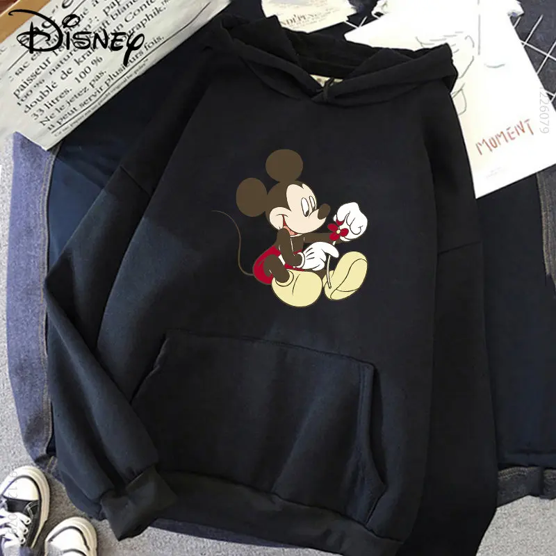 

Autumn Winter Disney Mickey Hoodies Women Cartoons Hooded Sweatshirts Pullover Kawaii Harajuku Black Casual Clothes Unisex Tops