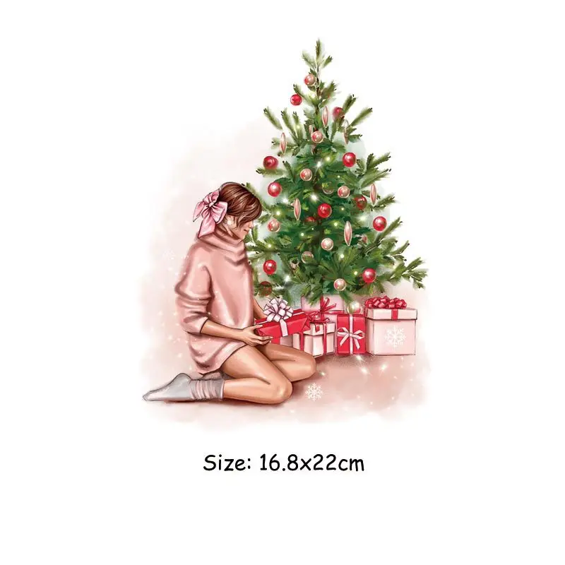 

16.8x22cm Fashion Christmas Girl Iron On Patches For DIY Heat Transfer Clothes T-Shirt Thermal Stickers Decoration Printing