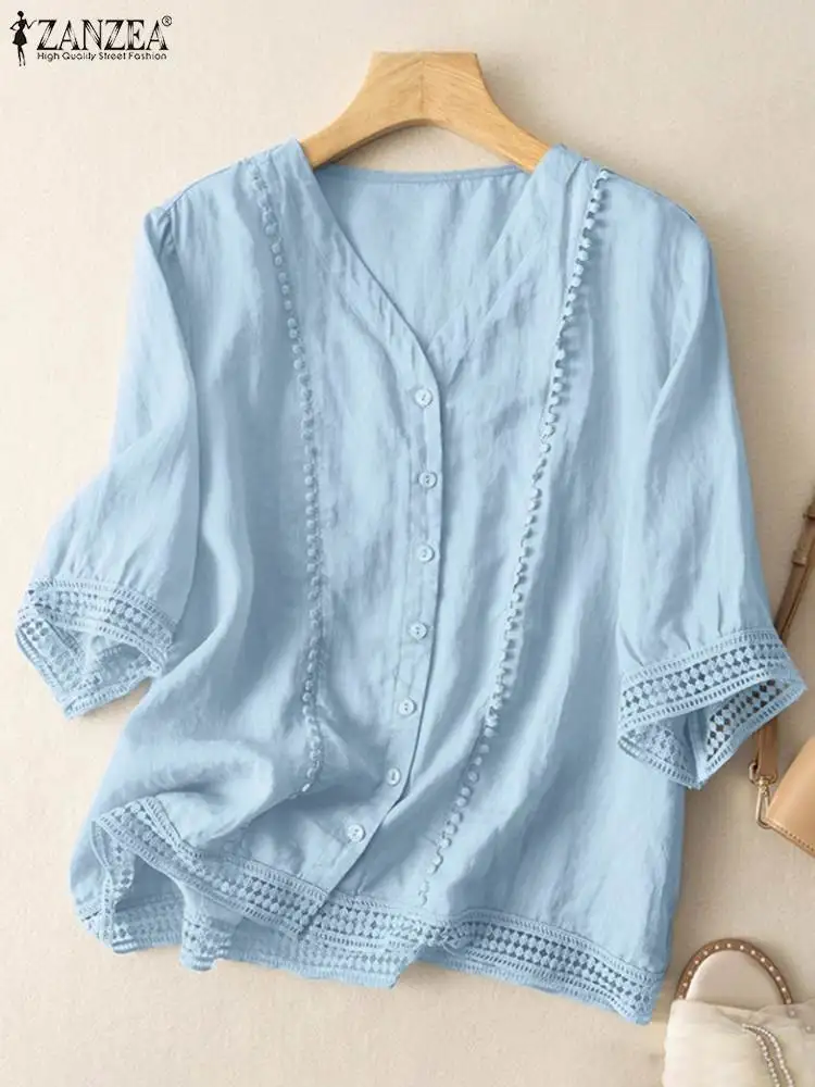 

2023 ZANZEA Women Summer V Neck 3/4 Sleeve Shirt Elegant Lace Patchwork Blouse Casual Loose Tunic Tops Female Hollow Out Blusas