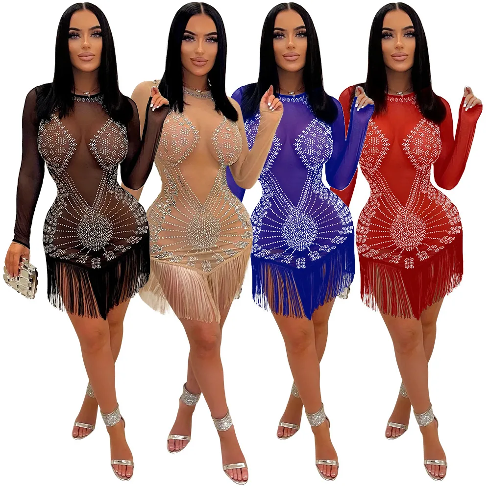 

Women Sexy Tassels Mini Dress Diamond Design High Collar Long Sleeve Evening Dress Fashion Bodycon Nightclub Dresses
