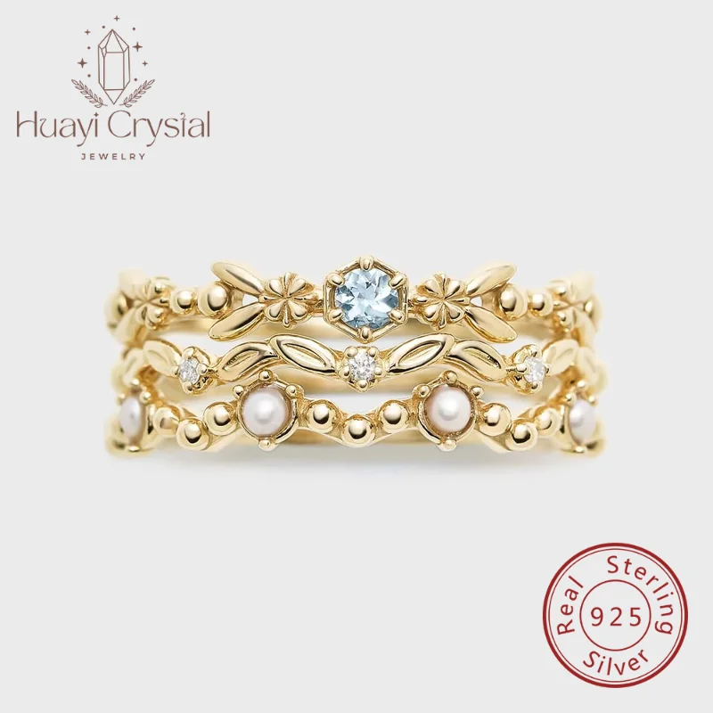 Простой винтажный комплект колец из стерлингового серебра 925 пробы с аквамарином