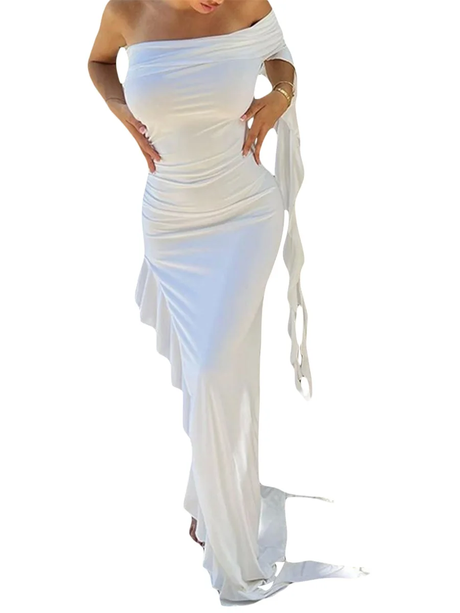 Ethereal Flutter Sleeve  with High Side Split and Draped Cowl Neckline - Elegant and Body-Hugging Y2K Style
