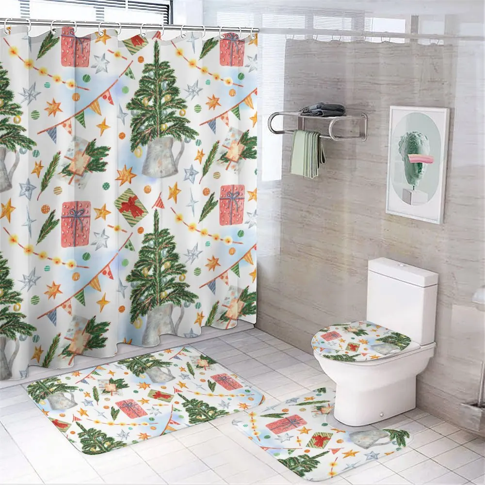 

4 Pcs Bathroom Accessories Sets with Shower Curtain, Toilet Lid Rug, Contour Mat and Bath Mat
