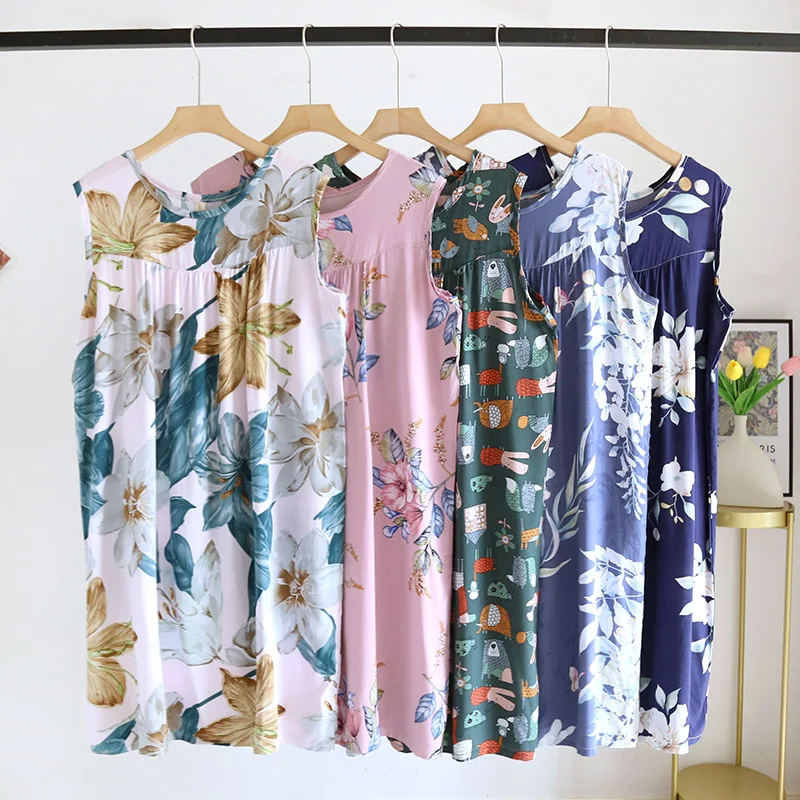 

Summerwomen Nighwear Sleep Tops Cotton Big Flower Printing Sleeveless Nightdress Women's Oversized Loose Ladies Home Clothes