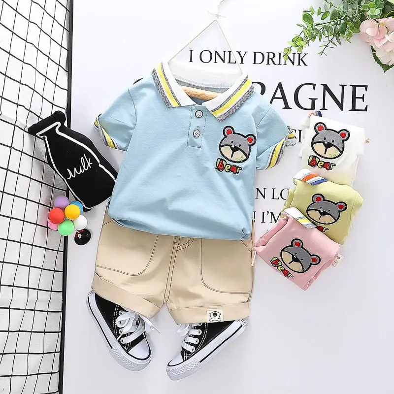 

100% Cotton Hot Sale Kids Clothing Sets Solid Children's Clothing Little Bear Print Baby Boys Clothes Square Collar Boys Clothes