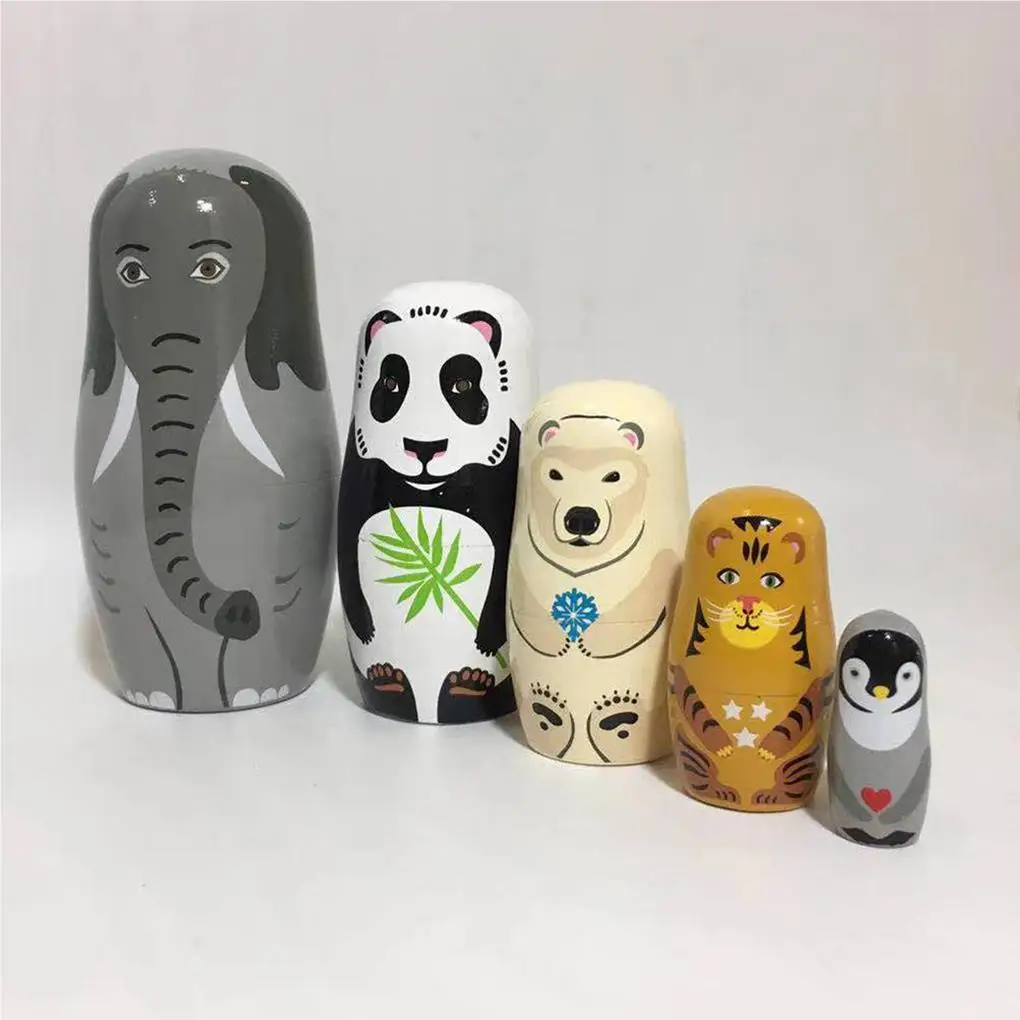 

Russian Babushka Doll Five-layer Cartoon Animal Inkjet Wood Crafts Ornaments Penguin Home Decor Party Christmas