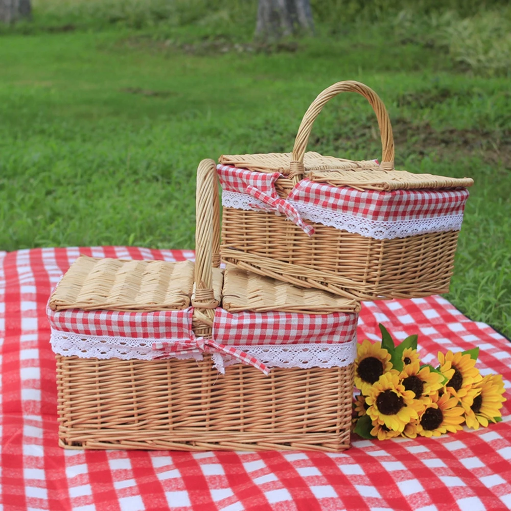 

Picnic Basket Natural Wicker Basket With Handle And Lid Camping Storage Baskets Food Sundry Container Fruit Flower Display Boxes