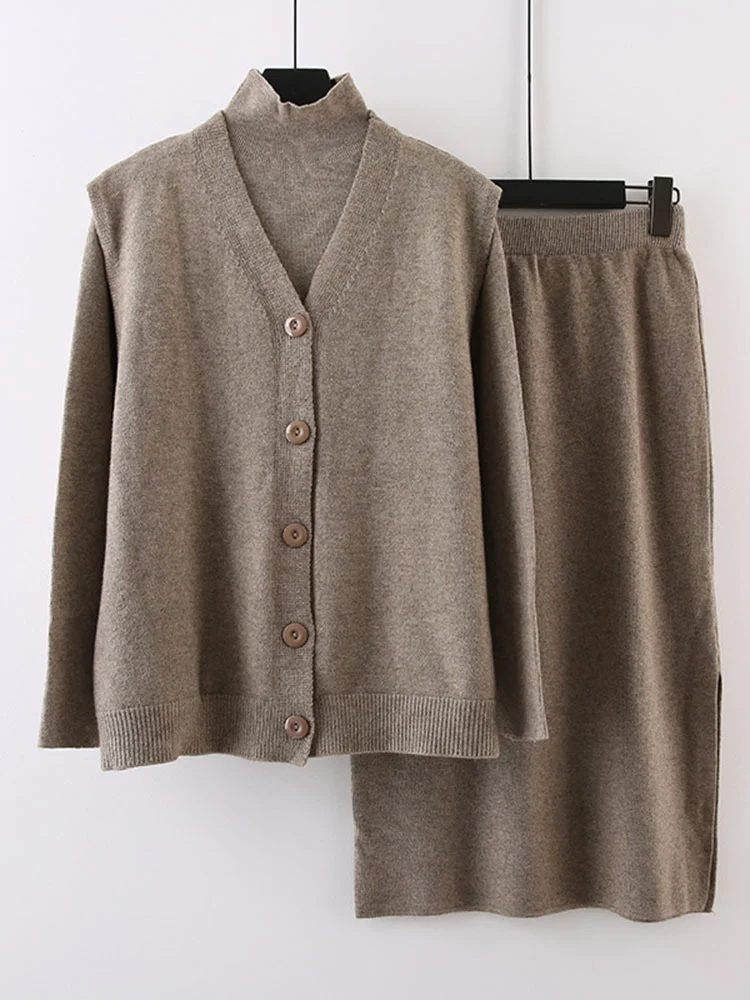

3 Pieces Set Women Leisure Knitted Turtleneck Sweater Pullover V Neck Vest Straight Skirts Ladies Elegant Winter M859