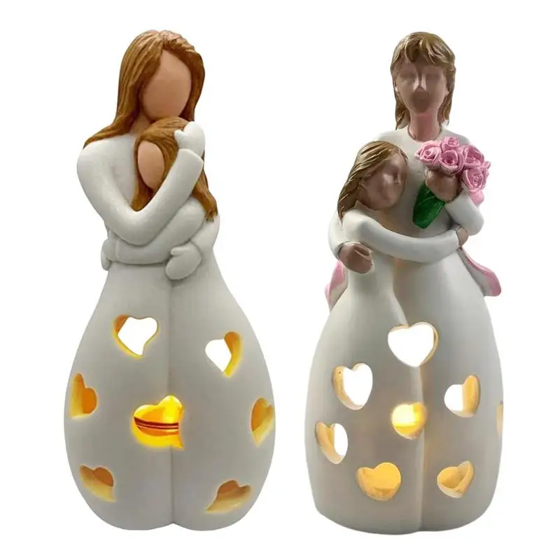 

Standing Mother Hugging Daughter Statue Resin Figurines Candlestick Holder with Flickering LED Candle Memorial Gifts