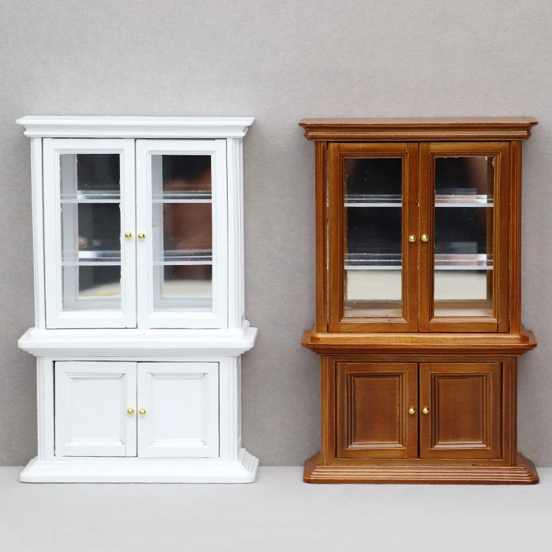 

Dollhouse Accessories Prop Scene Model Decor 1:12 Miniature Wooden Furniture Glass Cabinet With Mirrors Storage Cupboard