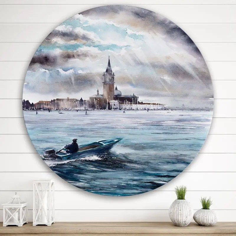 

'Boat Returning In Storm Over Venice In Italy' Nautical & Coastal Circle Metal Wall Art 36x36 - Disc of 36