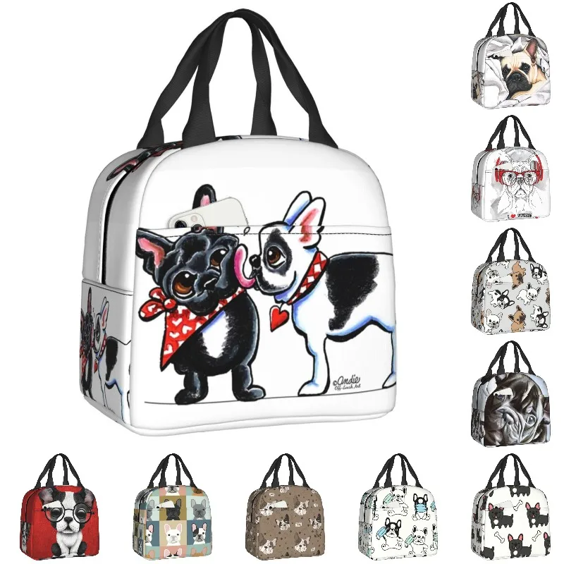 French Kiss Insulated Lunch Tote Bag for Women Bulldog Dog Lover Portable Cooler Thermal Bento Box Kids School Children