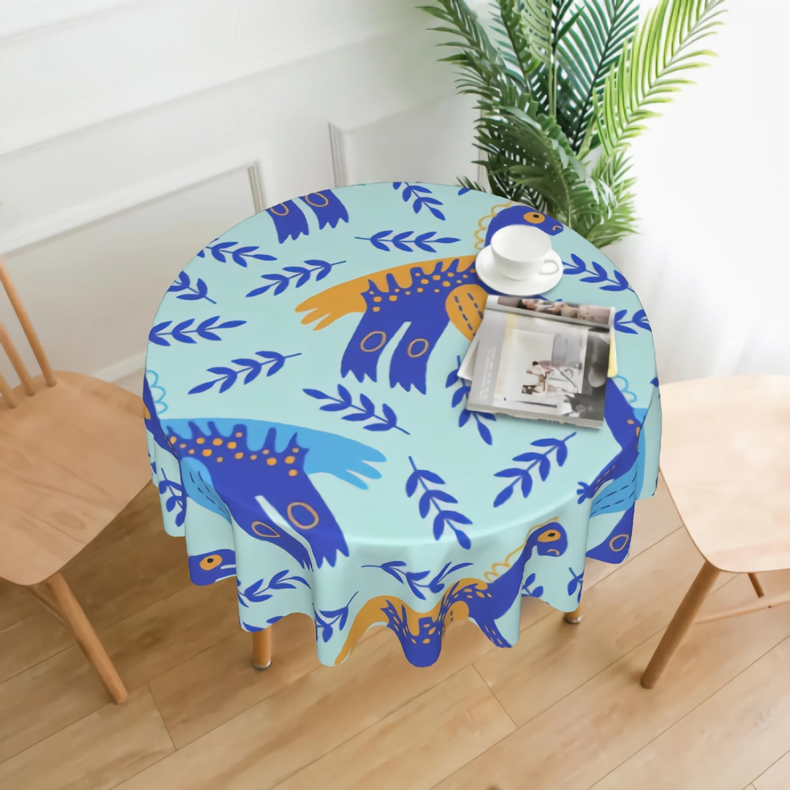 

Blue Dino On A Light Blue Background Tablecloth Washable Cute Cartoon Dinosaurs Round Tablecloths Circular Table Cover Cloths