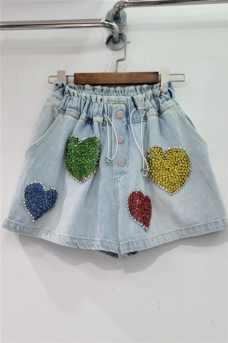 European Station 2023 Summer New Short Pants Exquisite Rhinestone Beaded High Waist Slimming Jeans Wide-Leg Denim Shorts Women
