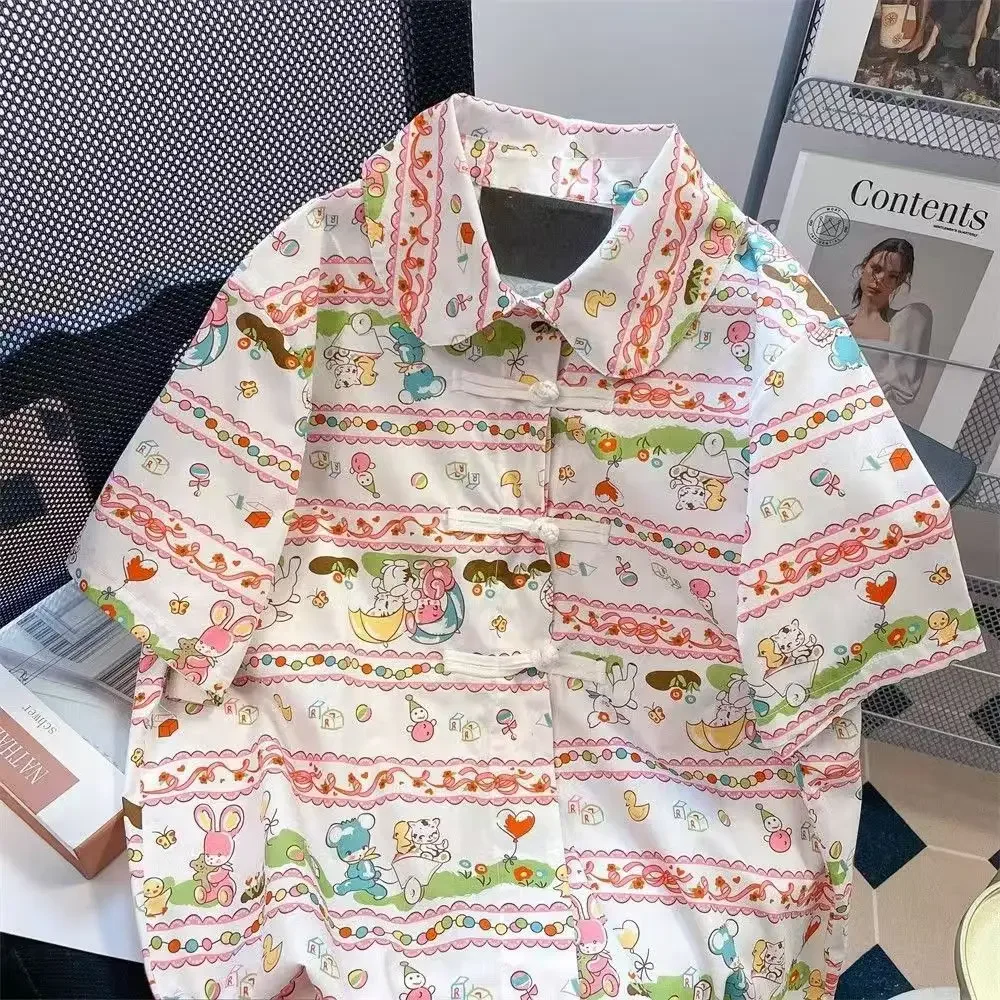 Блузка с кукольным воротником и мультяшным кроликом женская рубашка коротким
