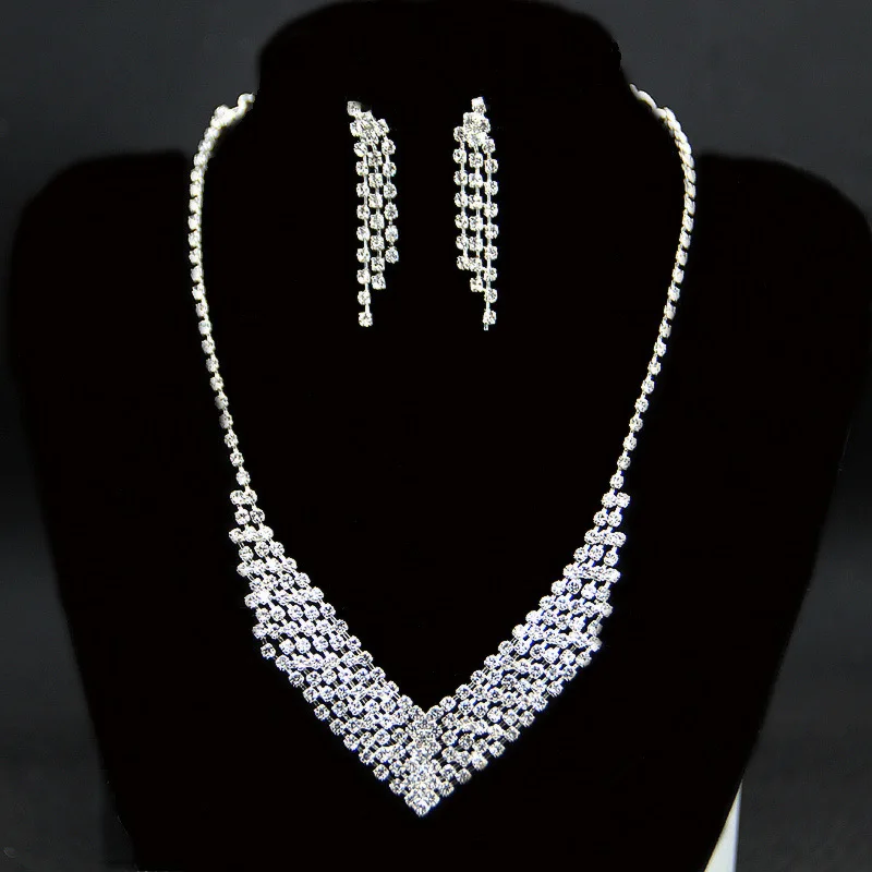 

Earrings Necklace 2 Pieces Set Jewelry Simple Versatile Bridal Wedding Dress Rhinestone Crystal High Grade Necklace Wholesale