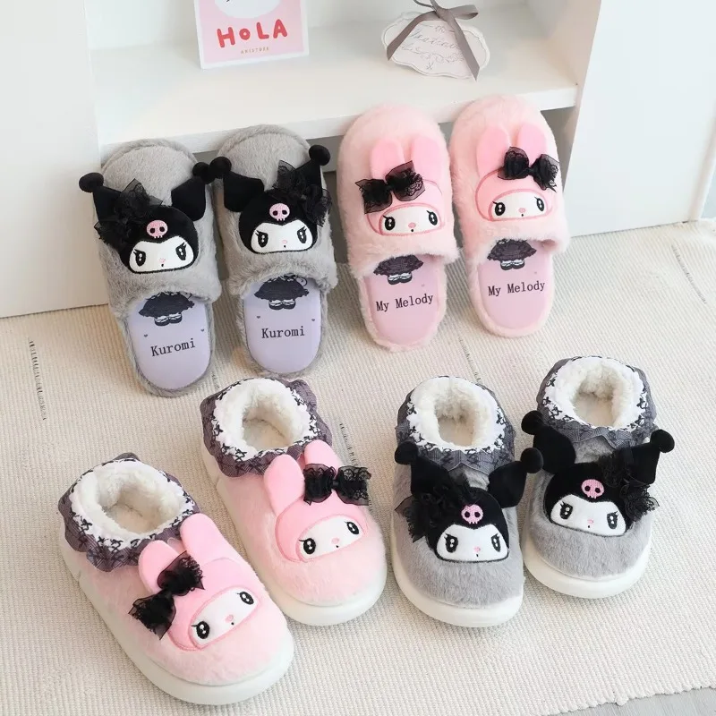 

Kawaii Melody Kuromi Warm Plush Winter Shoes Woman Indoor Slippers Anti-slip Y2k Cute Cartoon Couples Home Floor Cotton Footwear