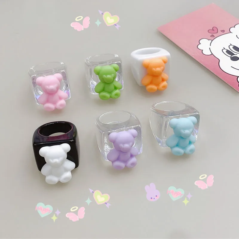 

New Transparent White Black Resin Acrylic Geometric Square Bear Rings Cartoon for Women Girls Travel Jewelry Gifts 2022 Cute