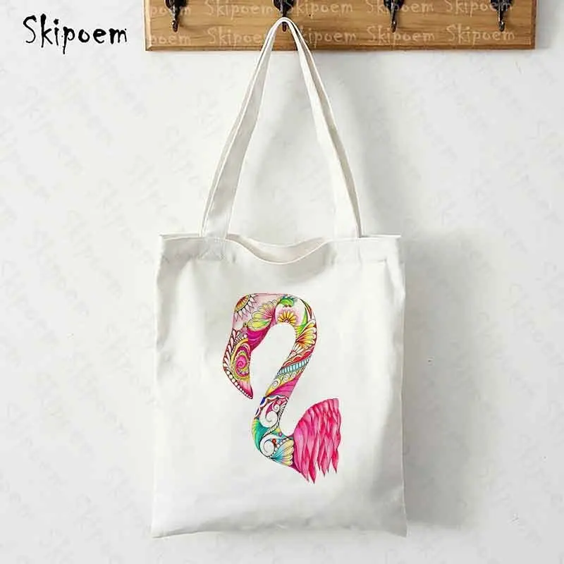 

Холщовая Сумка-тоут на плечо, многоразовые Экологически чистые мессенджеры, женские сумочки с рисунком фламинго, повседневные кавайные Мул...