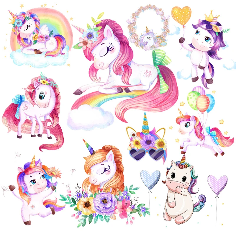 

Rainbown Unicorn Heat Thermal Transfer For Clothes Cute Cartoon Iron-On Transfers Sticker On Babys Clothes DIY Aniaml Applique