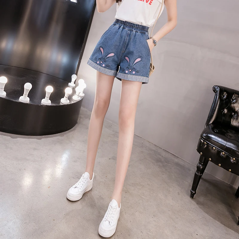 New 2023 Summer Casual Denim Shorts Female Loose Plus Size Women Kawaii Sweet Cute Rabbit Embroidery Shorts Jeans Elastic Waist