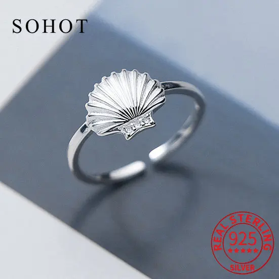 

Real 925 Sterling Silver Shell Adjustable Ring For Fashion Women Party Cute Fine Jewelry Minimalist Bijoux