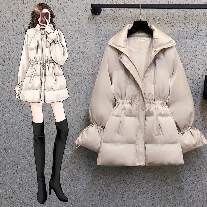 Winter Mid-length Down Jacket Women 2022 New Stand-up Collar Waist Slimming Trumpet Sleeves White Duck Down Thickened Warmth