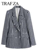traf za women fashion suit collar black white plaid blazer jacket double breasted long sleeve chic commuter office daily coat