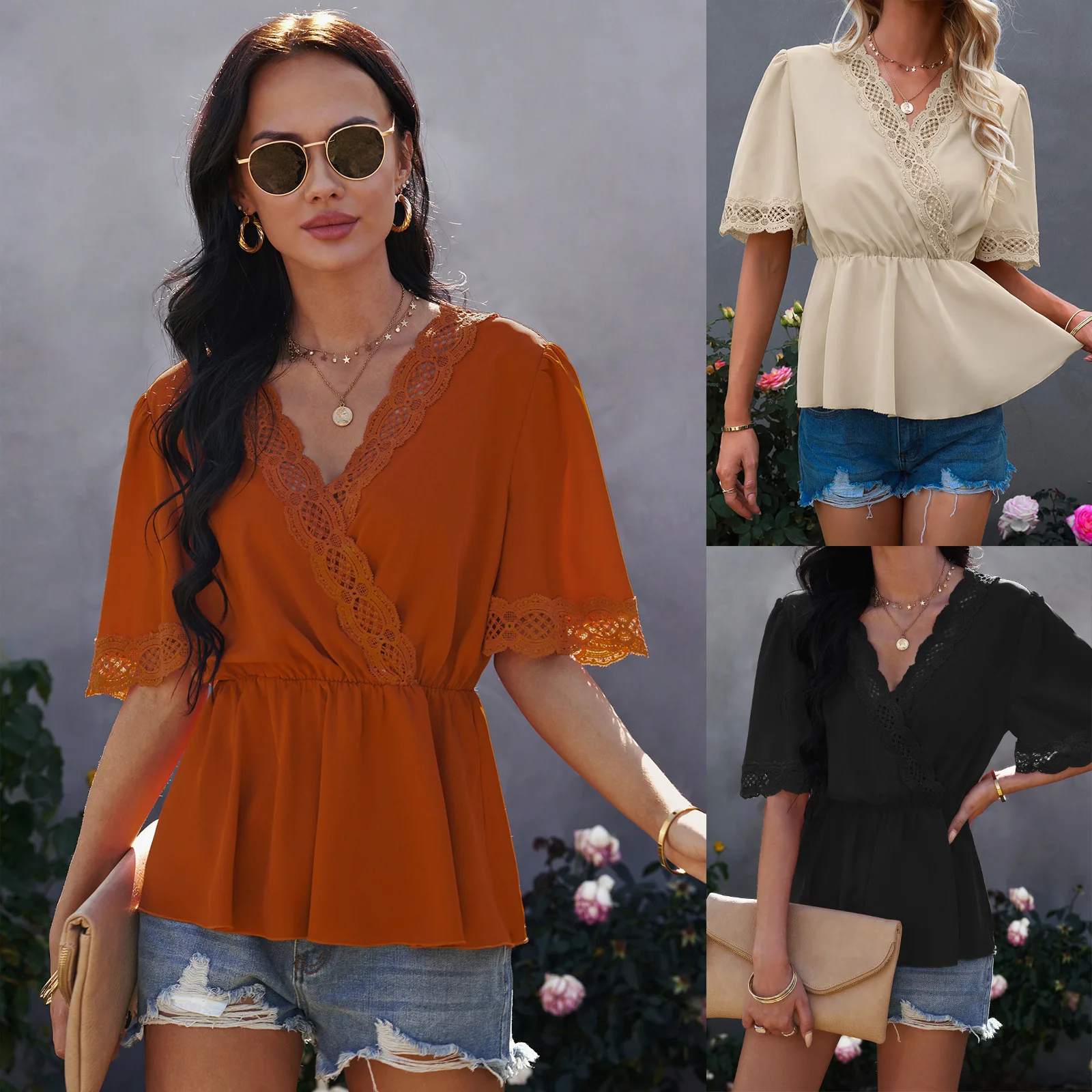 

Crop Top 2022 Summer Women T-Shirt Lace Shirts Women's V-neck Women Elegant Shirts Waist Closed Backless Women's Blouses